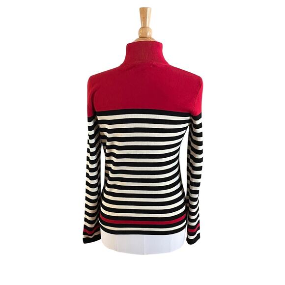 Lauren Ralph Lauren Cotton Red, White Black Stripe 1/4 Zip Sweater, Preppy, M - Picture 5 of 11